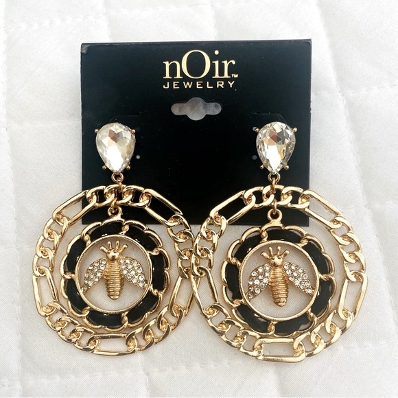 nOir Double circle rhinestone Bee earrings - Picture 1 of 5